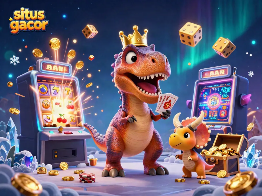Experience excitement with situs slot gacor as a T-Rex shuffles cards surrounded by casino fun.