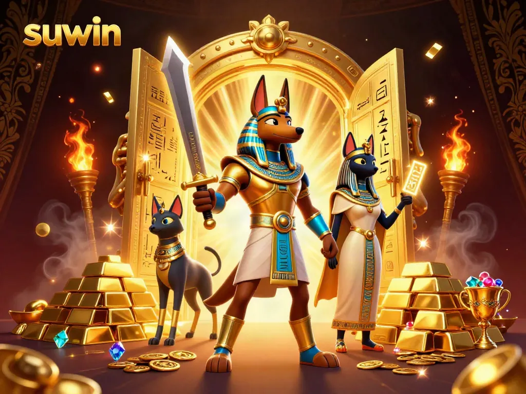 Experience big wins with Suwin in a vibrant 3D casino illustration showcasing Egyptian-themed gaming.
