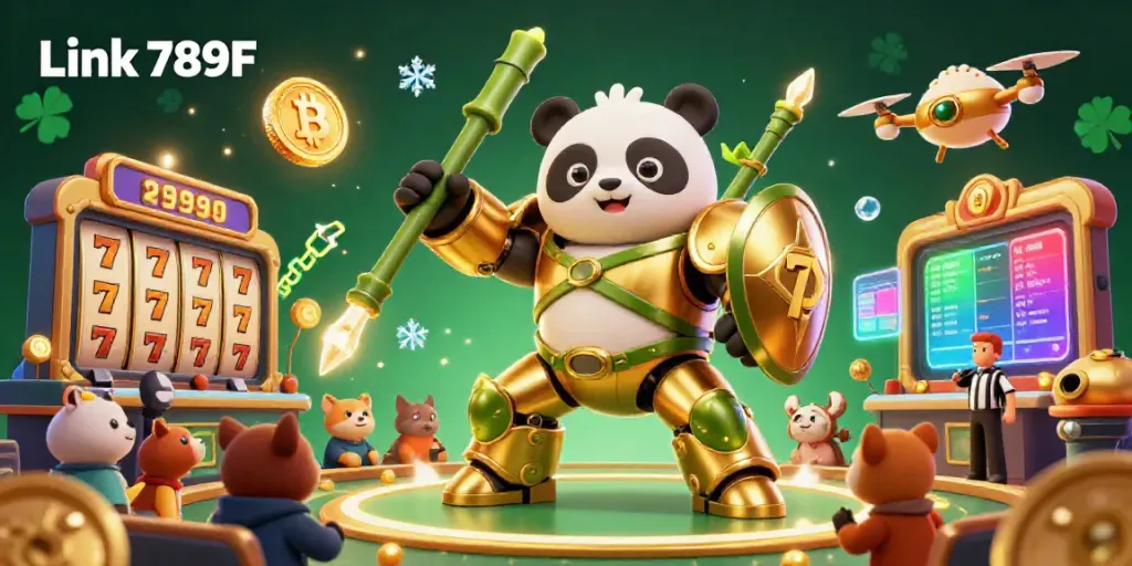 Engage with the vibrant casino action at Link 789F featuring a mech-suit golden panda in battle.