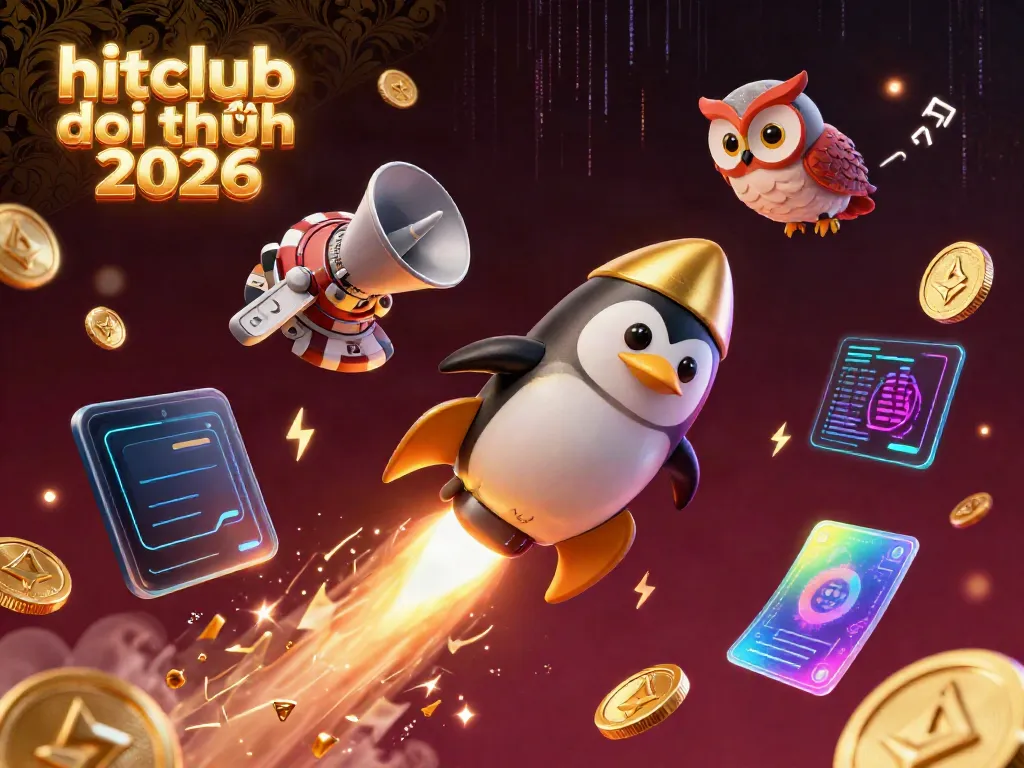 Experience the thrill of hitclub đổi thưởng 2026 as a golden penguin launches into a bright digital casino space.
