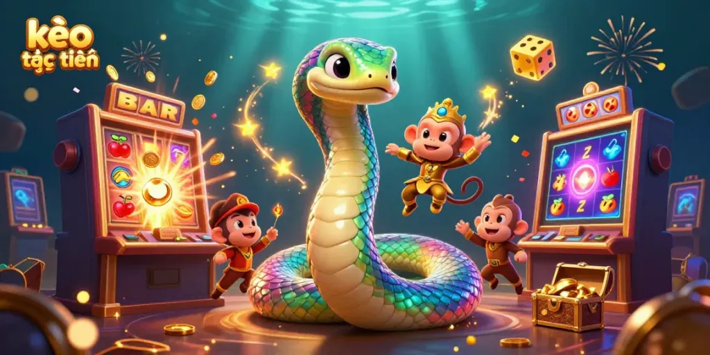 Experience kèo trực tuyến with a vibrant 3D illustration featuring characters, vibrant slot machine, and rich casino elements.