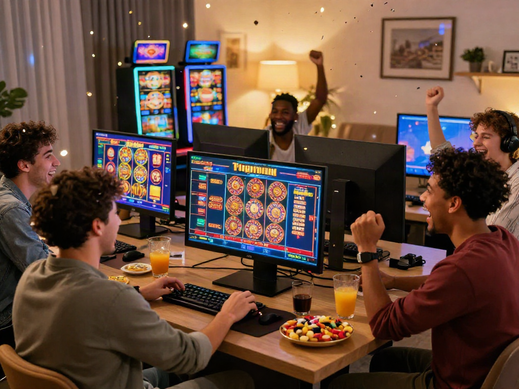 Groupe d'amis célébrant un gain au casino en ligne fiable, ambiance festive et conviviale.