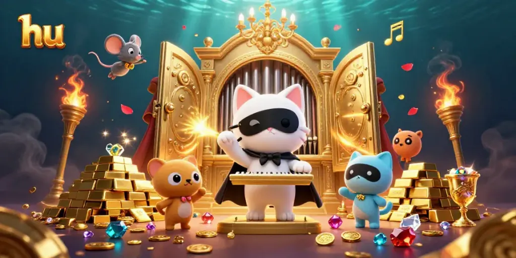 Engage in thrilling games with hu in an enchanting casino setting featuring rich treasures.