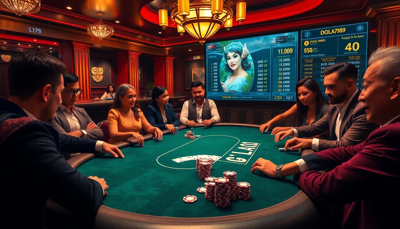 DOLA789 players engaged in a thrilling poker game, showcasing strategy and excitement in a luxurious casino setting.