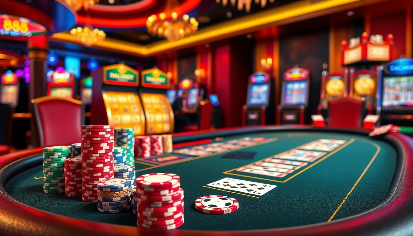 Players enjoy an exciting game of 888b blackjack with colorful chips and cards in a luxury casino.