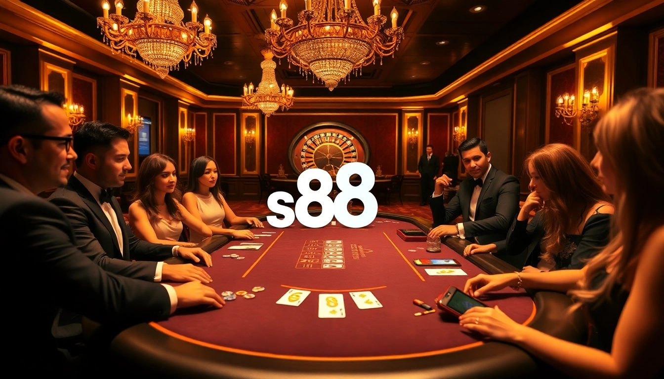 Players engage in a high-stakes poker game at the luxury casino while showcasing s8s8 elements.