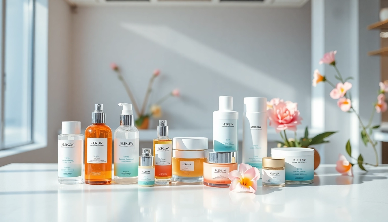 K-beauty hudvårdsprodukter arrangerade vackert och visar upp livfulla färger och texturer i en modern miljö.