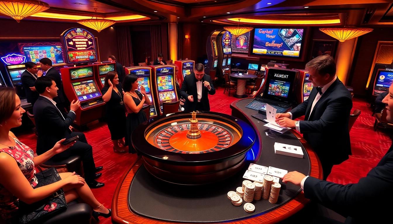 Players engaging in thrilling roulette at S8 casino, surrounded by vibrant slot machines and poker chips.