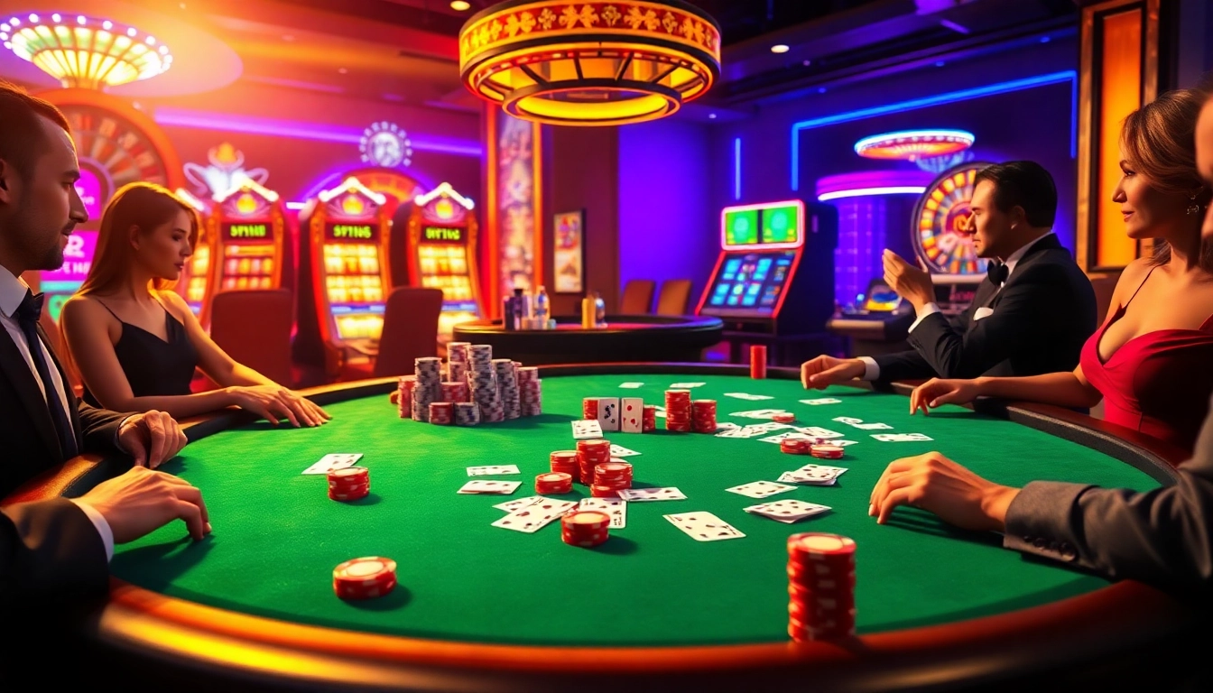 ZB368 players enjoying a high-stakes poker game at a luxurious casino table.