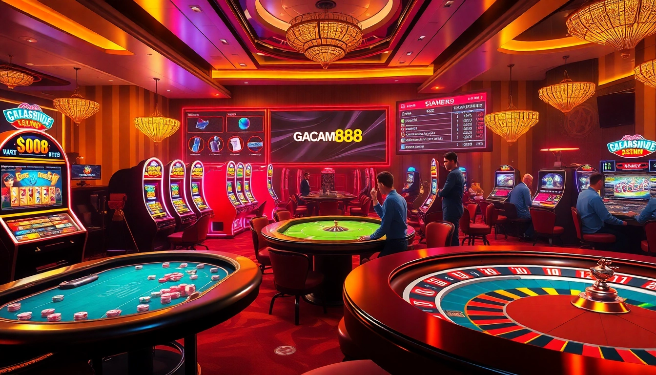 GACAM888 showcases an exciting online gambling environment with poker tables, vibrant slots, and enthusiastic players.