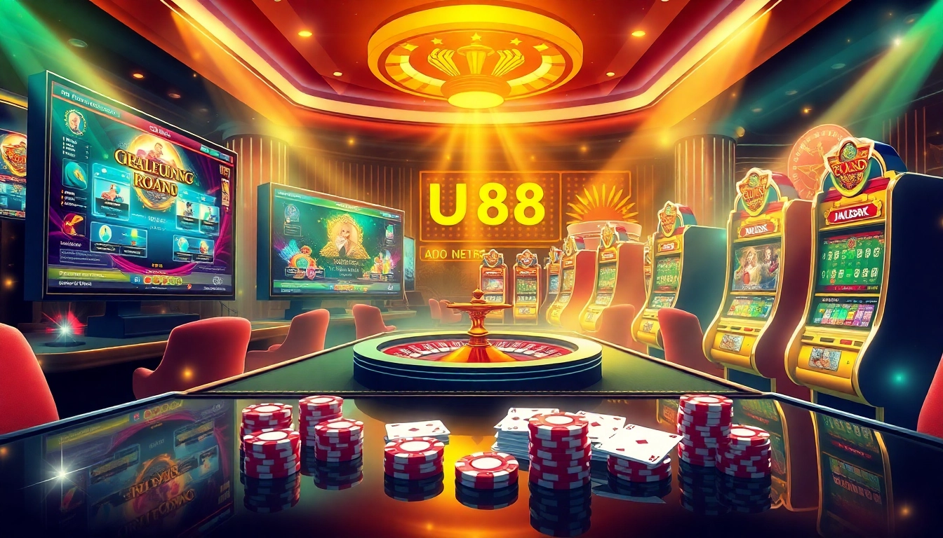 A dynamic gambling scene featuring UU88’s vibrant online casino games, including poker, roulette, and colorful slot machines.