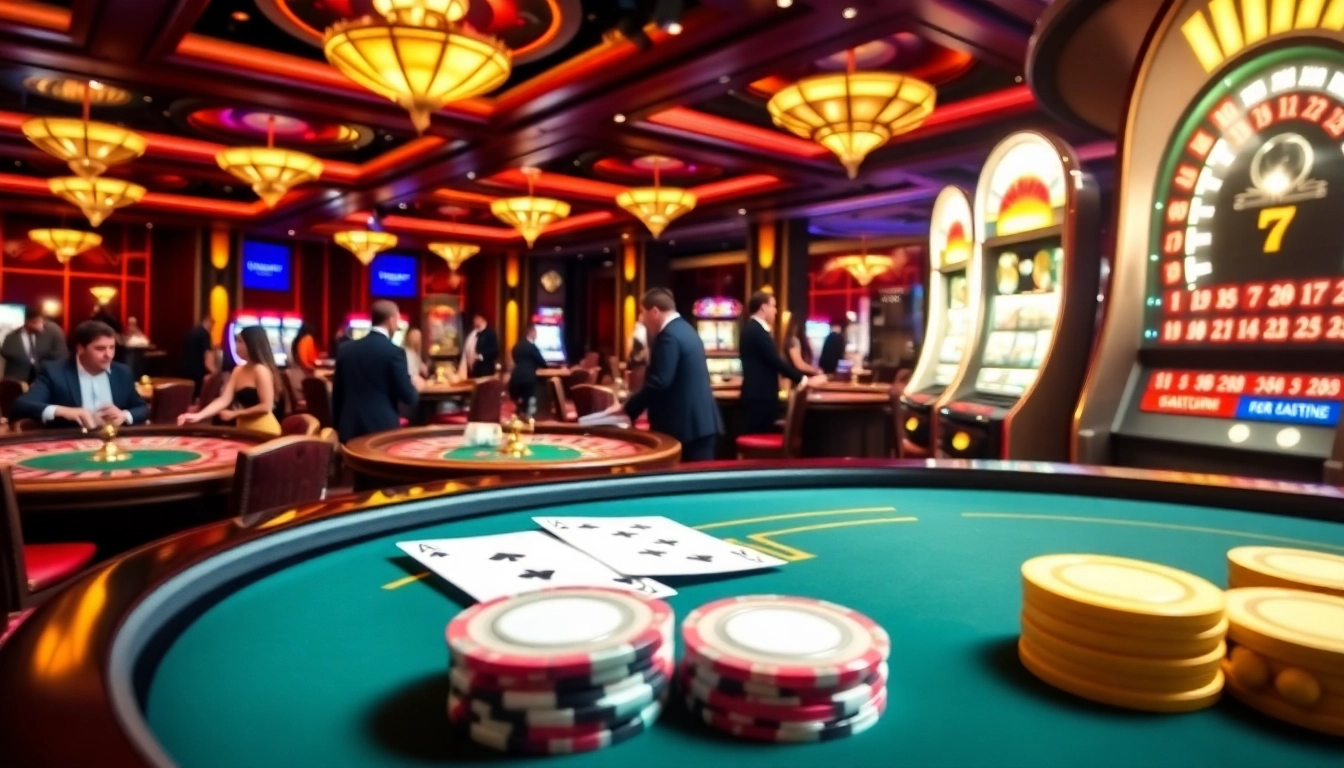 Exciting gaming scene at 789BET casino with roulette, poker, and vibrant slot machines.