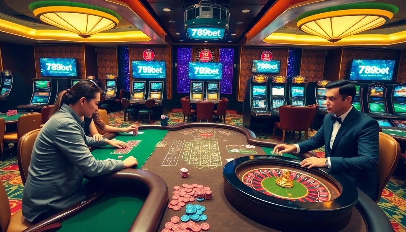 Excited players engaging with 789bet's online casino, showing poker tables and vibrant slot machines.