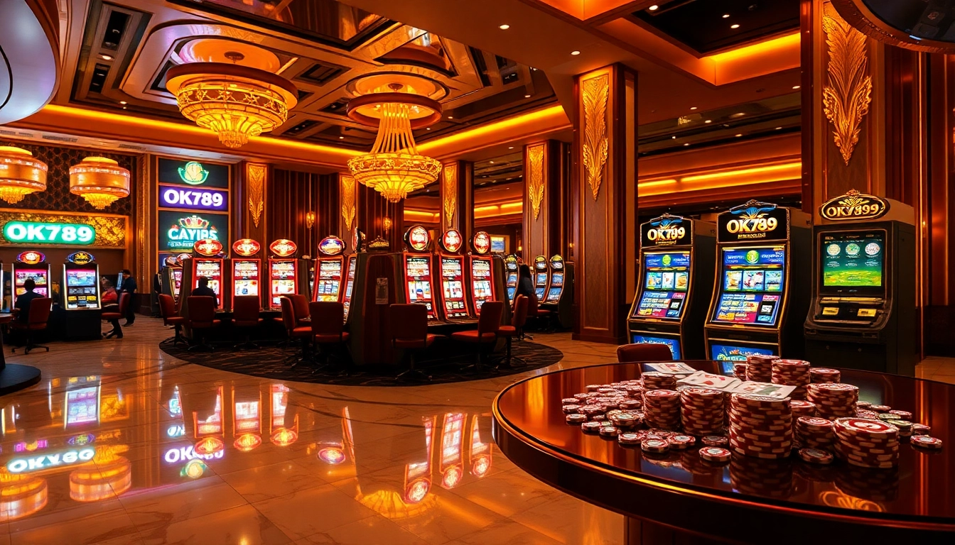 Experience the excitement of playing at OK789's vibrant slot machines in a luxurious casino setting.