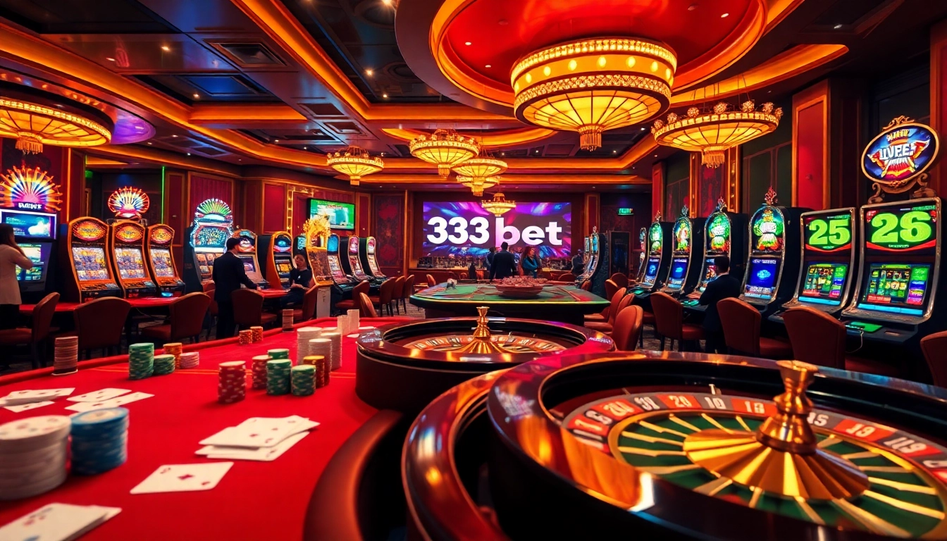 Experience the excitement of 333bet with players engaged at a vibrant casino table, including live dealers and poker elements.