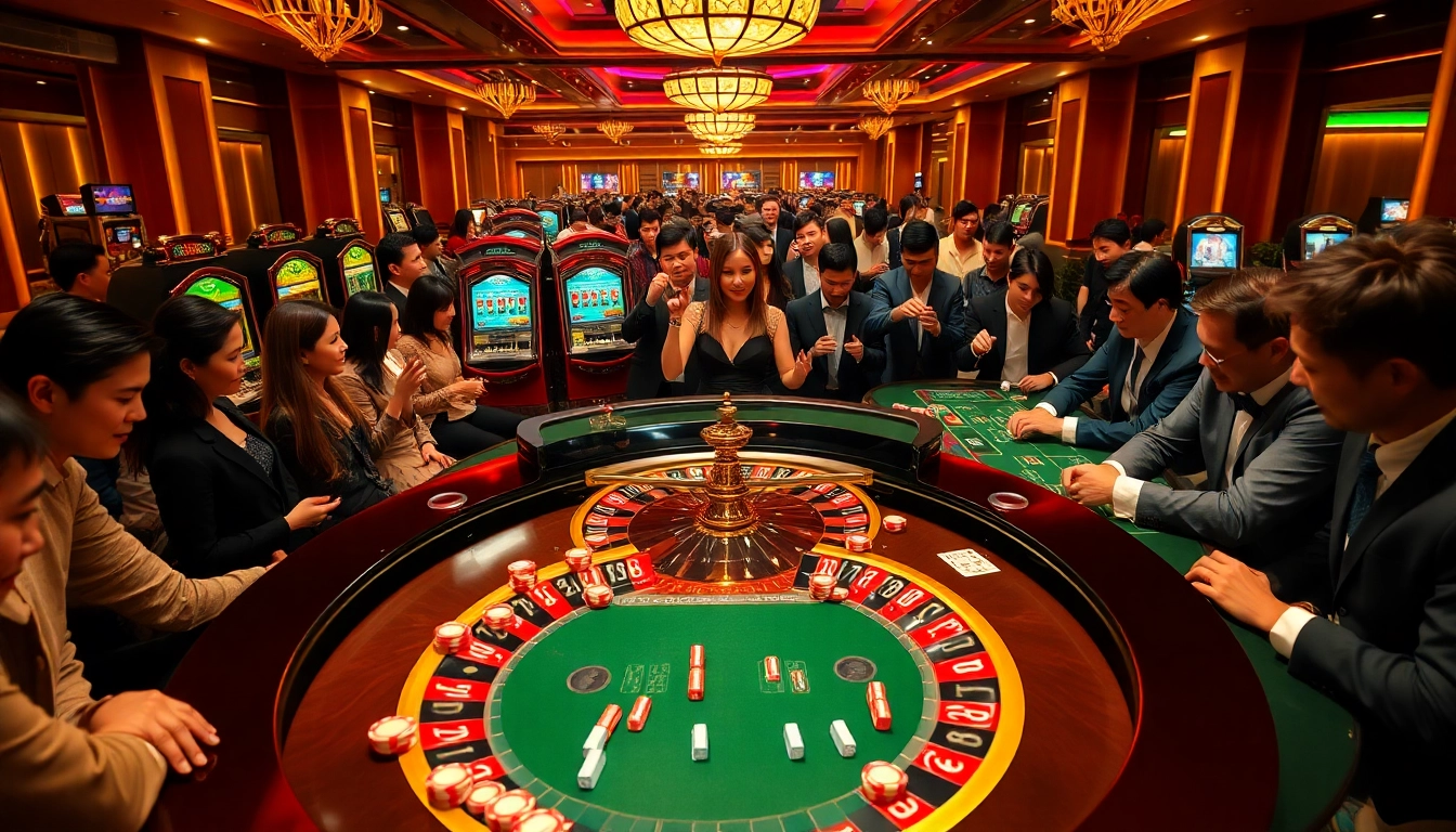 Excited gamblers engaged in a thrilling game of roulette and slots at 368BET casino.