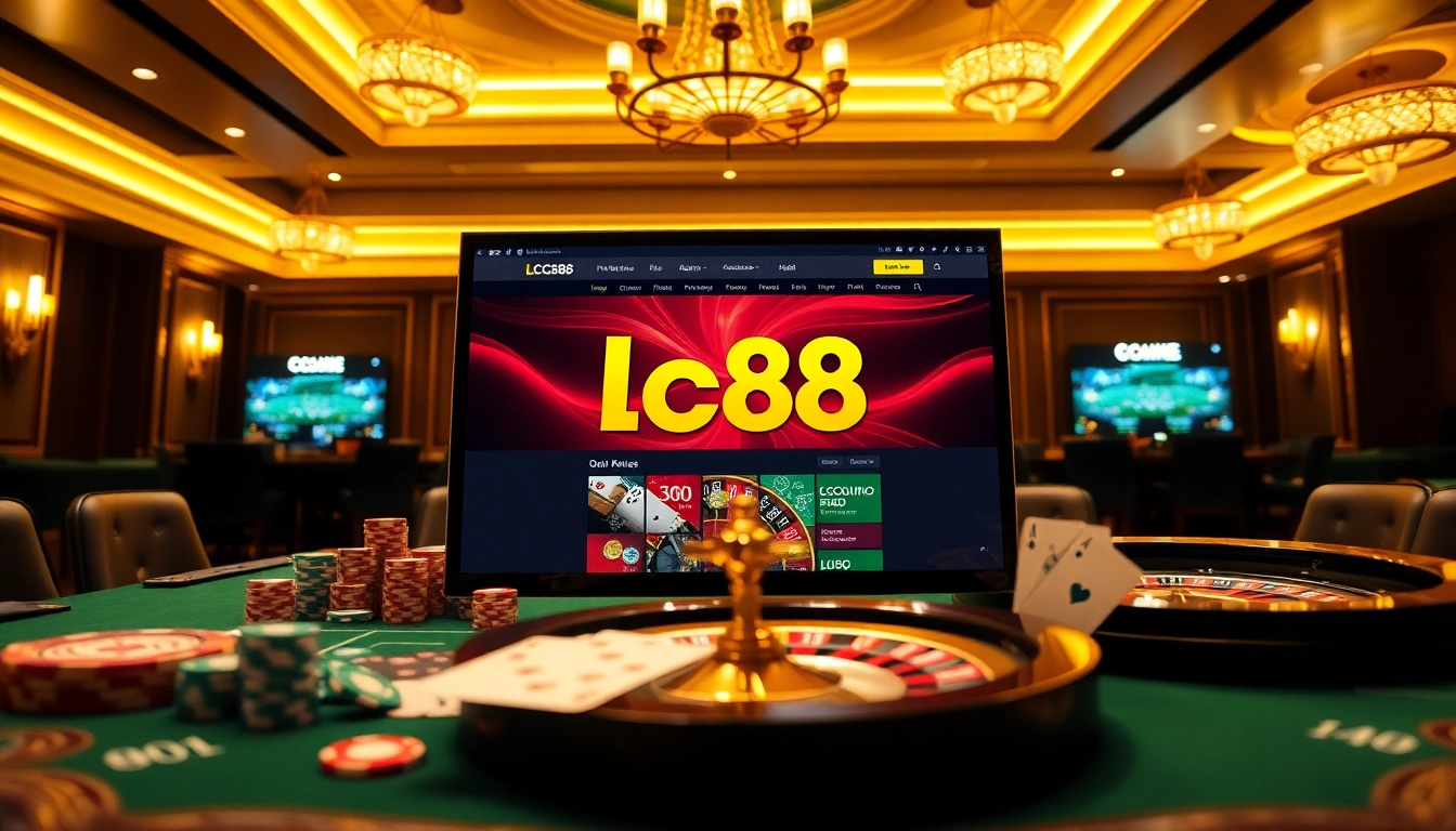 Experience lc88 đăng nhập with excitement at a vibrant casino setting featuring online gambling elements.