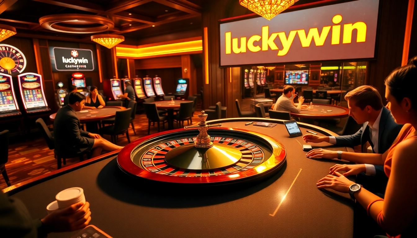 Experience luckywin excitement with a vibrant casino scene featuring roulette and poker tables.