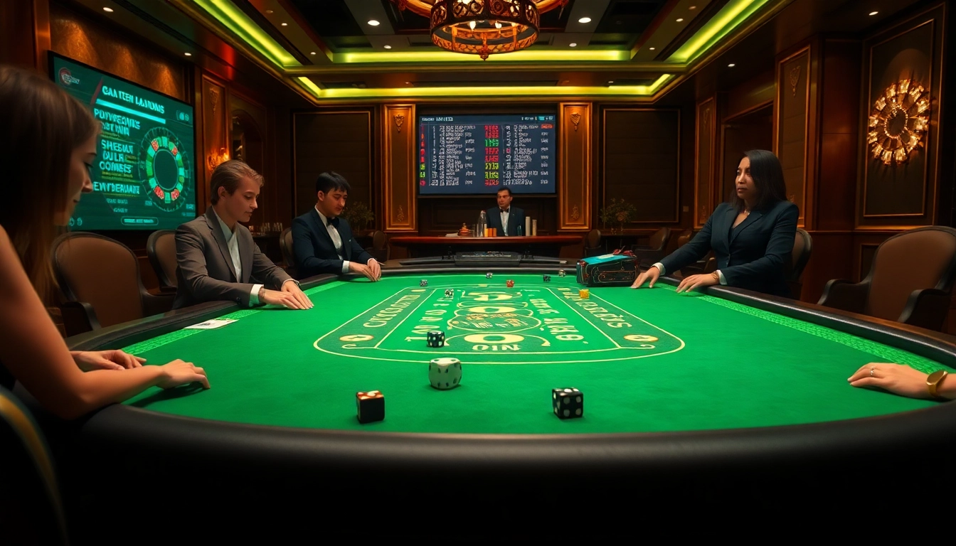 Tài xỉu md5 game table with gamblers engaged in thrilling play, showcasing modern casino ambiance.