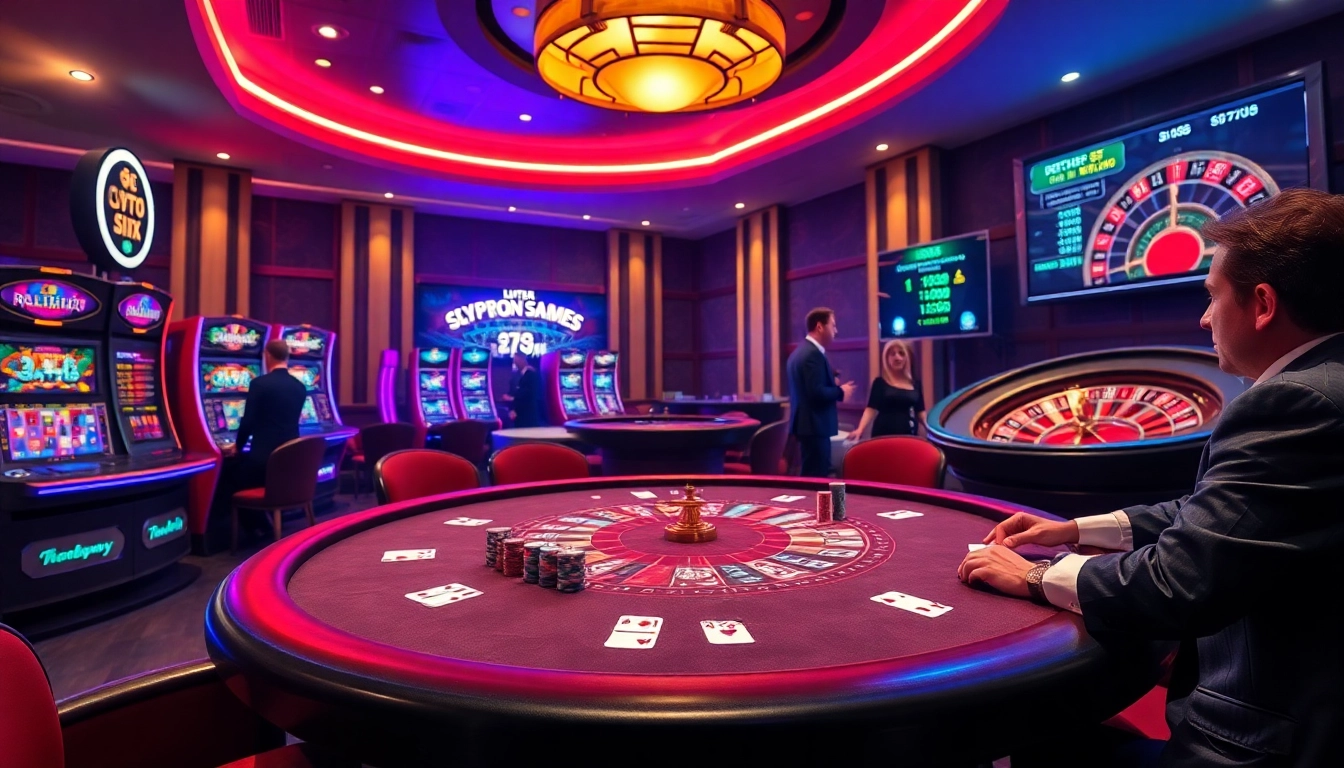 Experience the thrill of a crypto casino with vibrant slot machines, poker tables, and excited players.