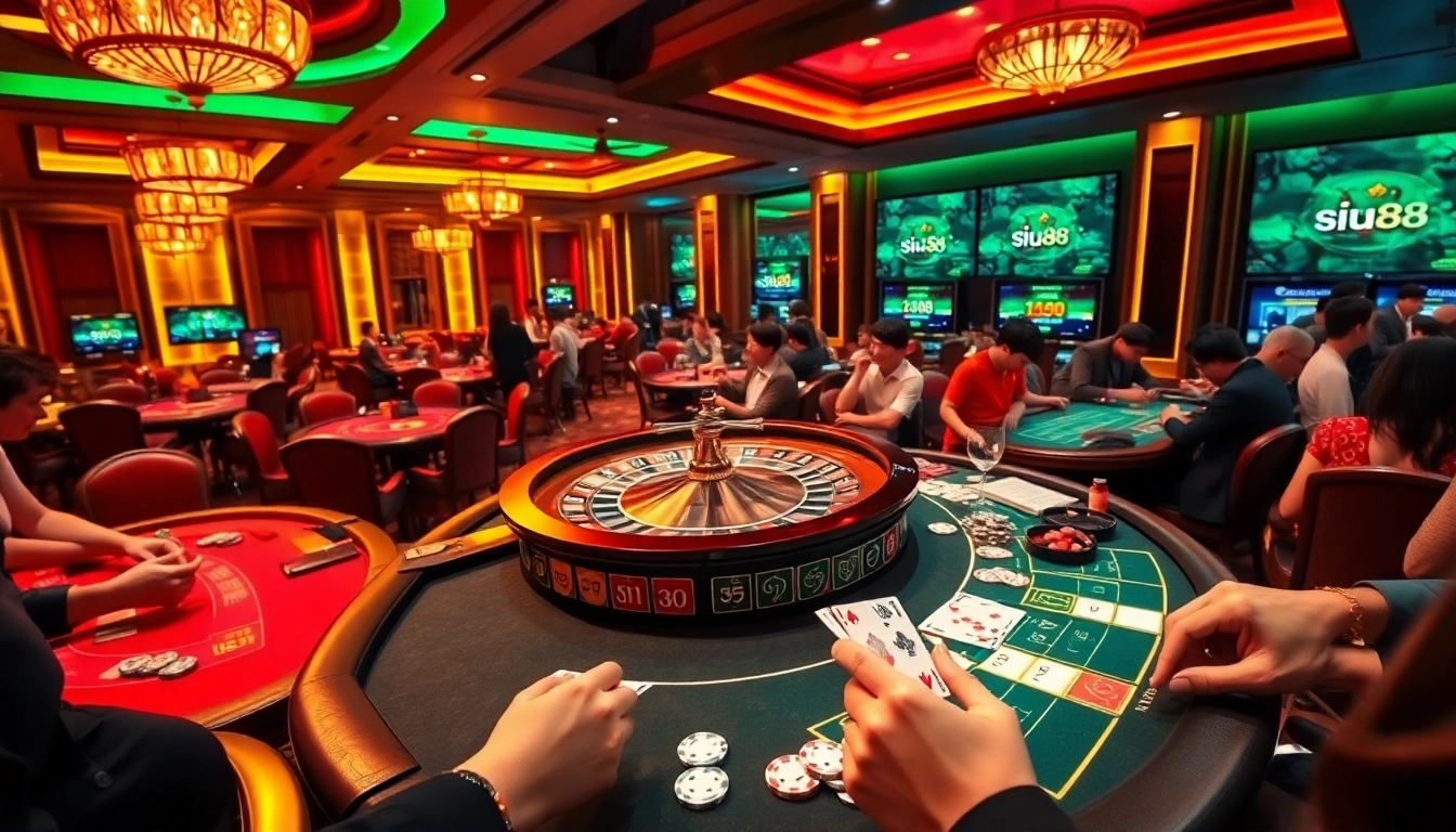 Experience siu88 casino thrills with vibrant gaming tables and roulette wheels in an immersive setting.