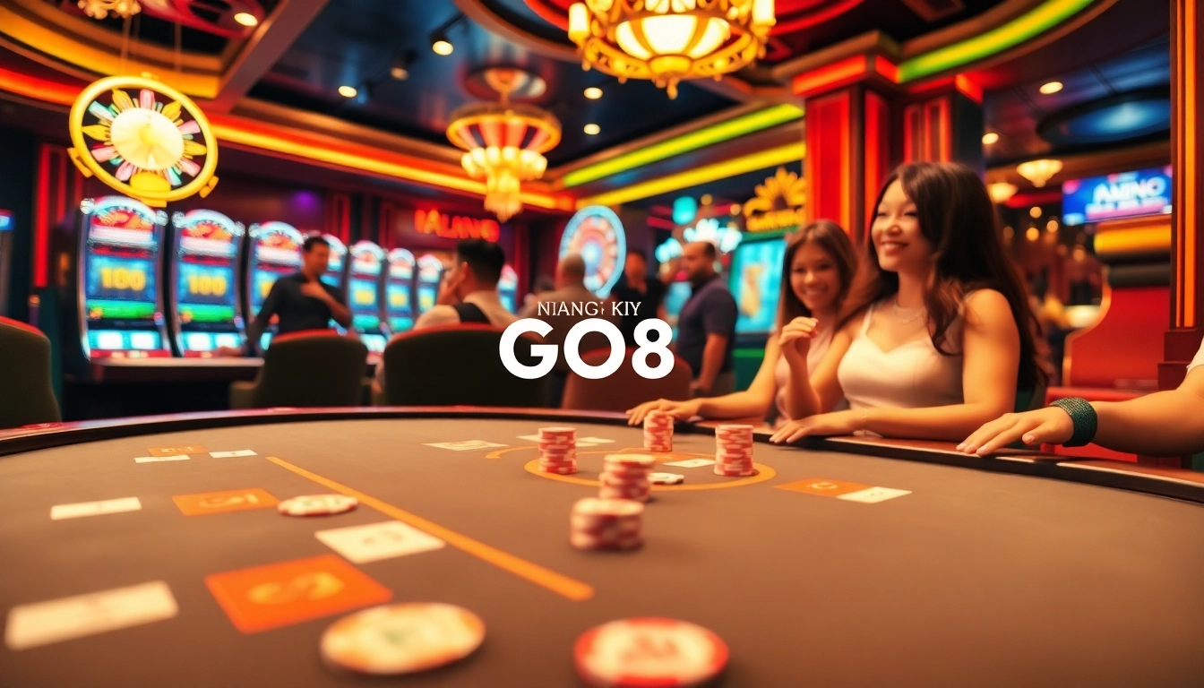 Register for GO8 at an exciting casino scene with vibrant games and players.