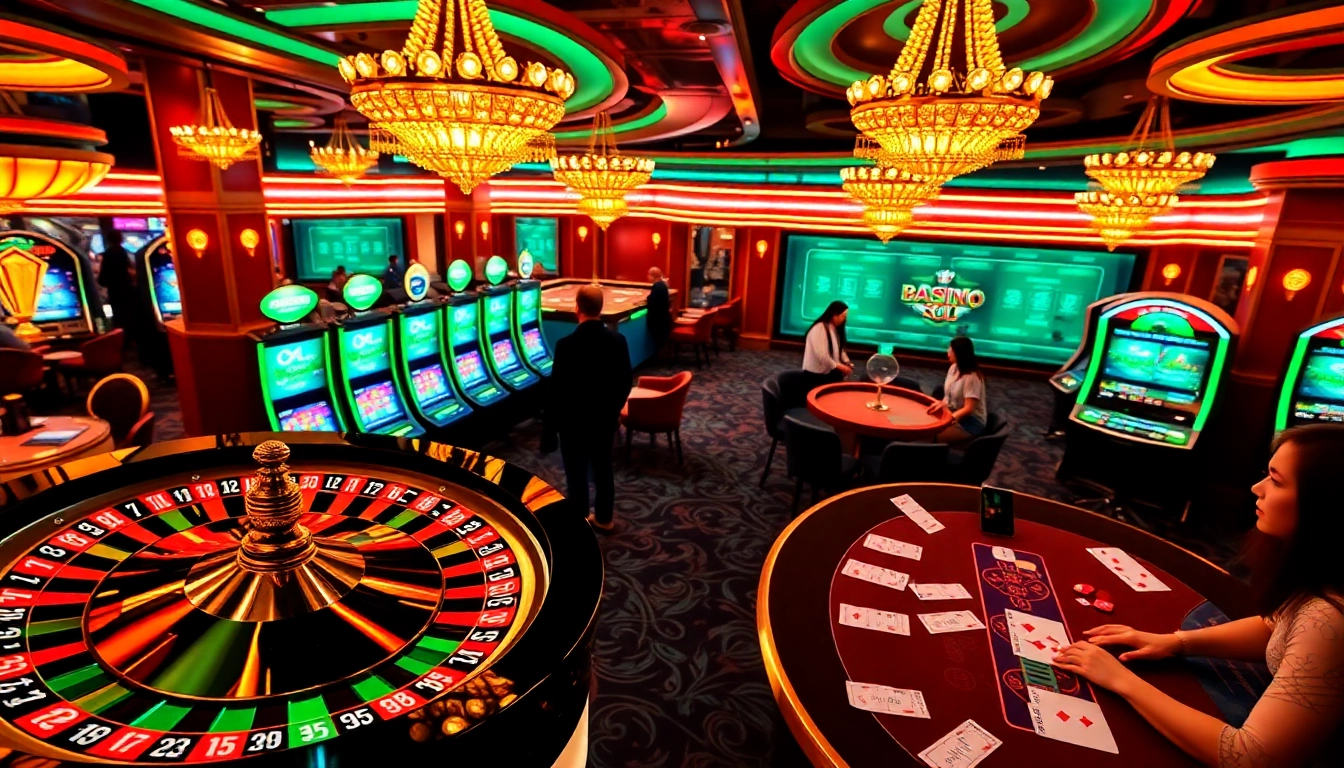 Exciting casino en ligne retrait instantané scene with vibrant slot machines and roulette wheels.