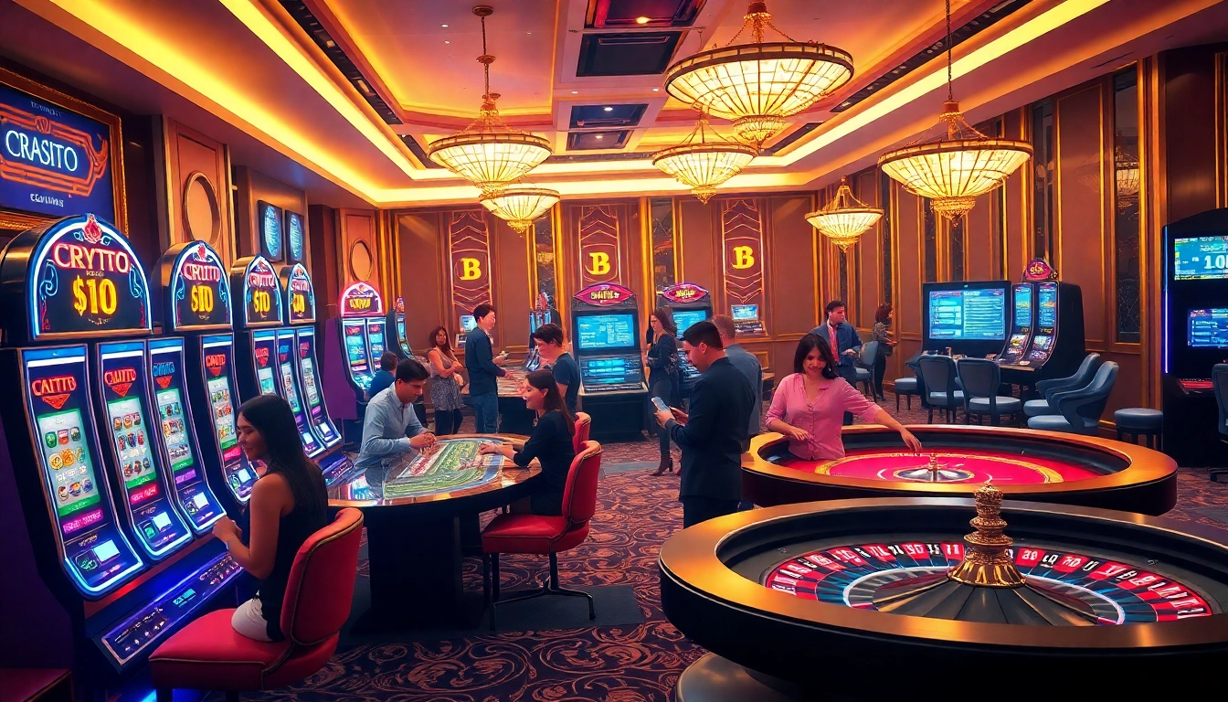 Inside a crypto casino with players engaging in various games, highlighting excitement and technology.