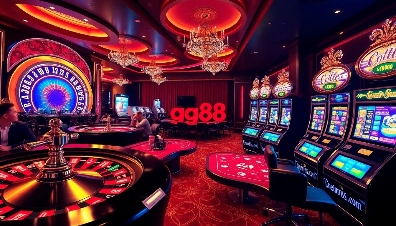 gg88 players celebrating big wins at vibrant casino tables and slot machines.