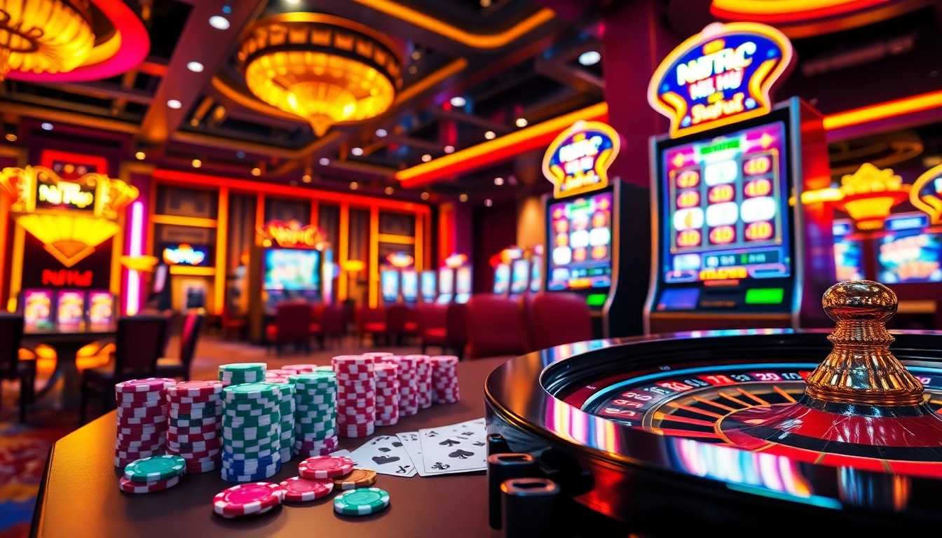 Experience the excitement of nổ hũ with high-stakes slot machines and poker chips in a luxury casino.