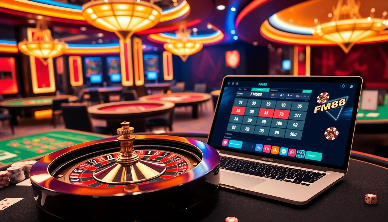 Experience FM88's thrilling casino atmosphere with vibrant tables and a roulette wheel.