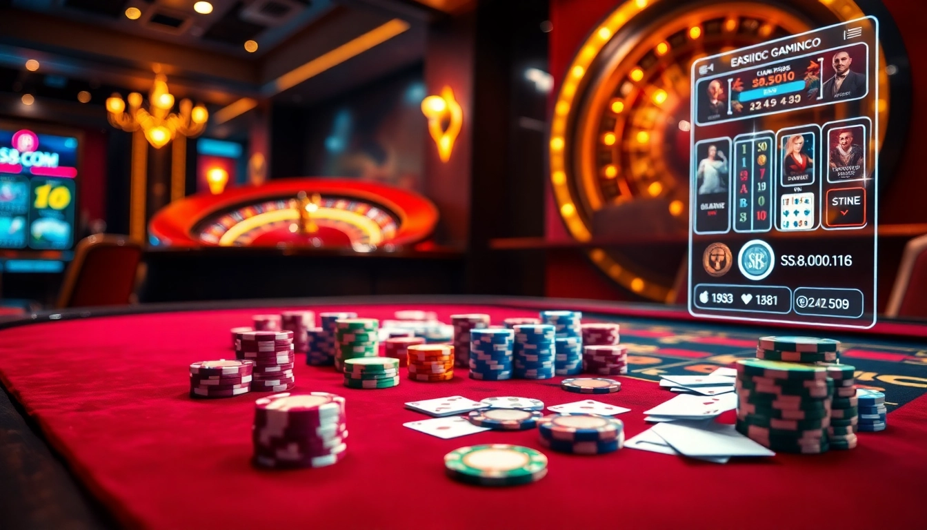 Engaging casino scene featuring S8.com gaming table with poker chips and roulette wheel.
