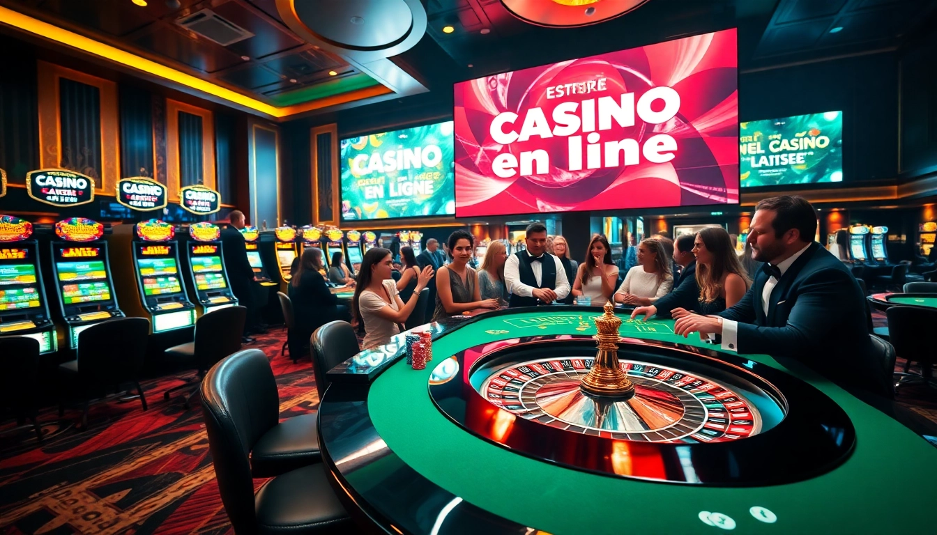 Expérience de casino en ligne captivante avec des joueurs à la roulette, des jetons colorés et des machines à sous.