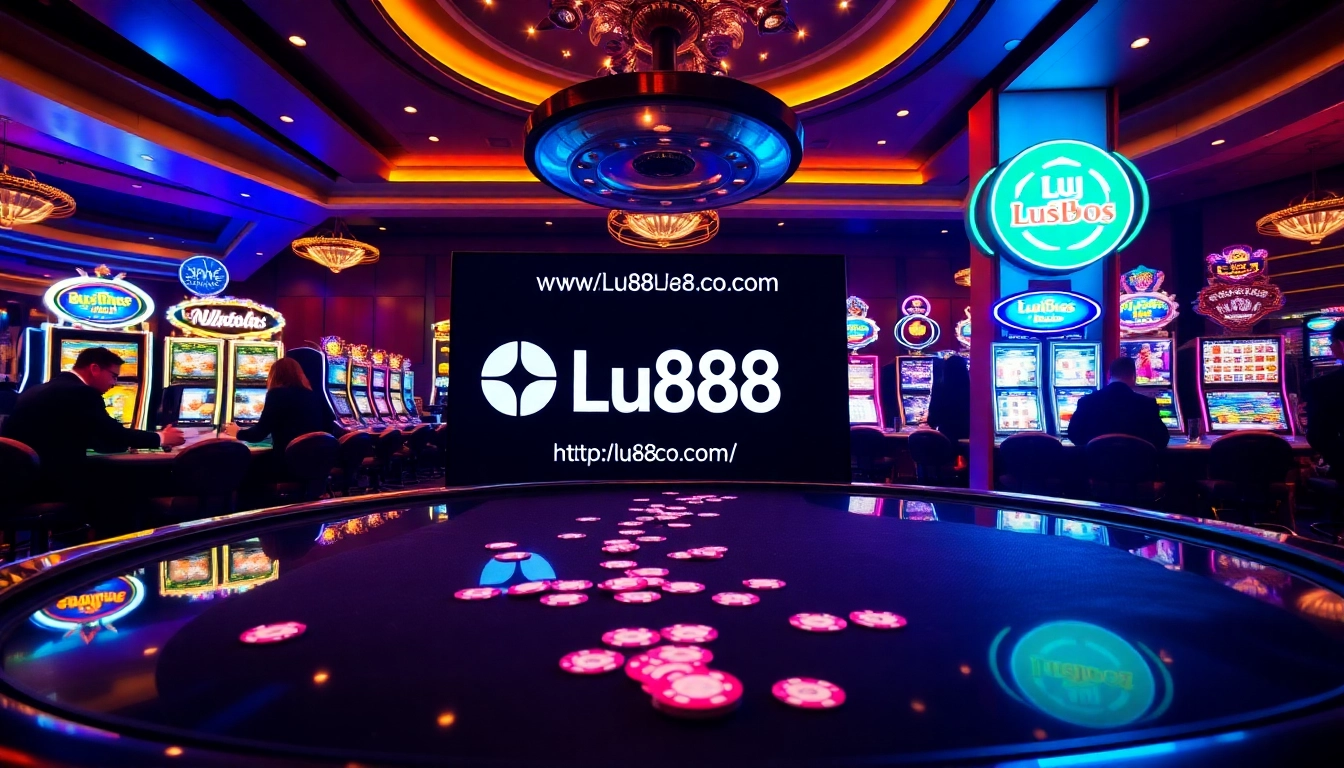 Players enjoying the thrilling atmosphere at https://lu88.co.com/, featuring elegant casino tables and vibrant slot machines.