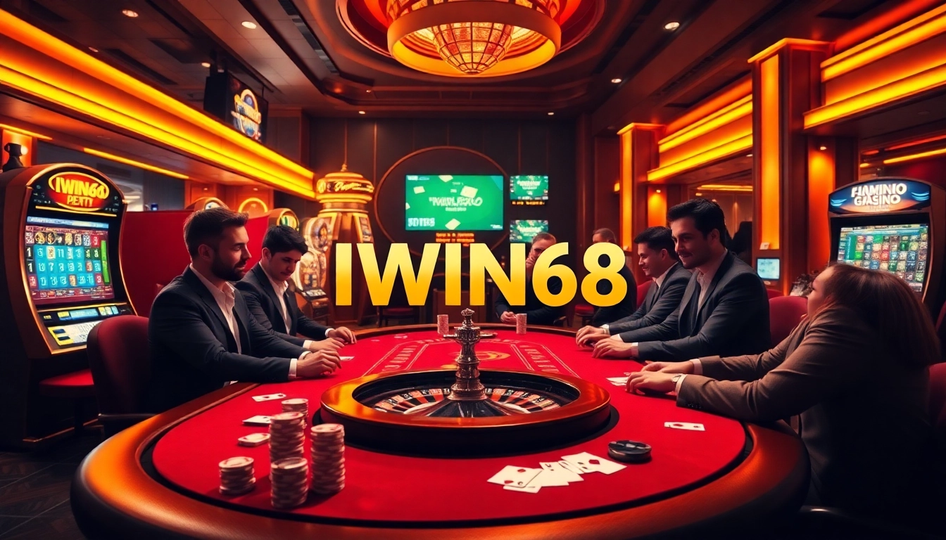 IWIN68 logo amid a bustling casino scene featuring poker tables and slot machines, capturing the thrill of winning.