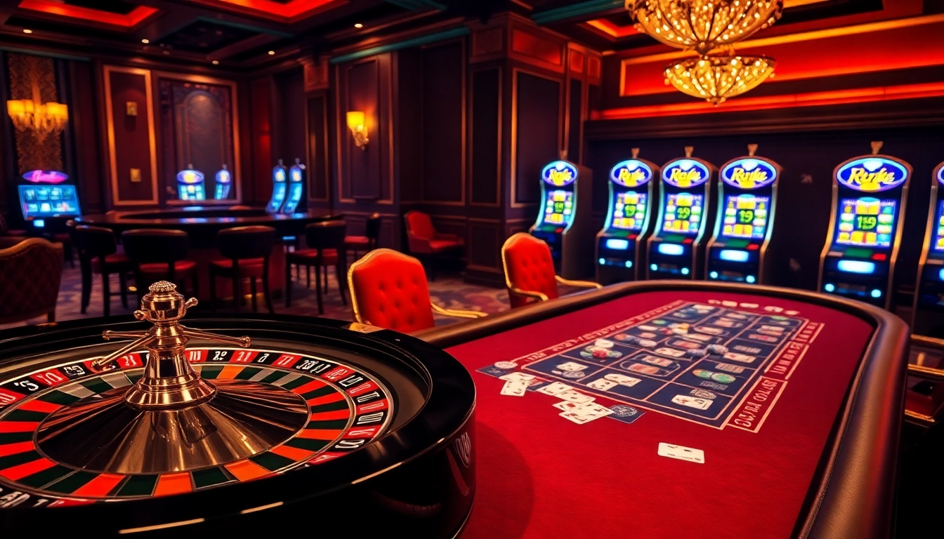 Experience the excitement of FC88 with vibrant casino tables and sparkling slot machines.