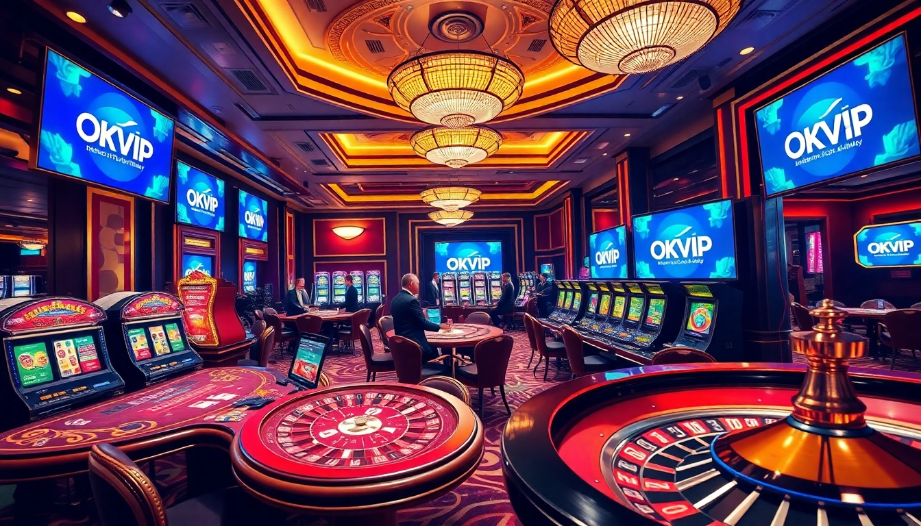 OKVIP online casino environment featuring luxurious tables, vibrant slot machines, and engaging players.