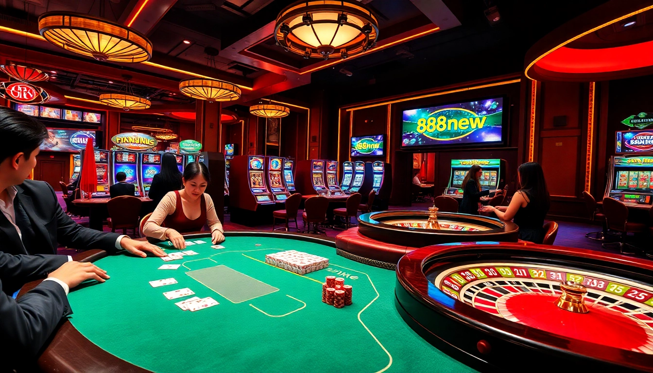Experience the vibrant excitement of 888new Khuyến mãi at a luxury casino, featuring poker games and slot machines.