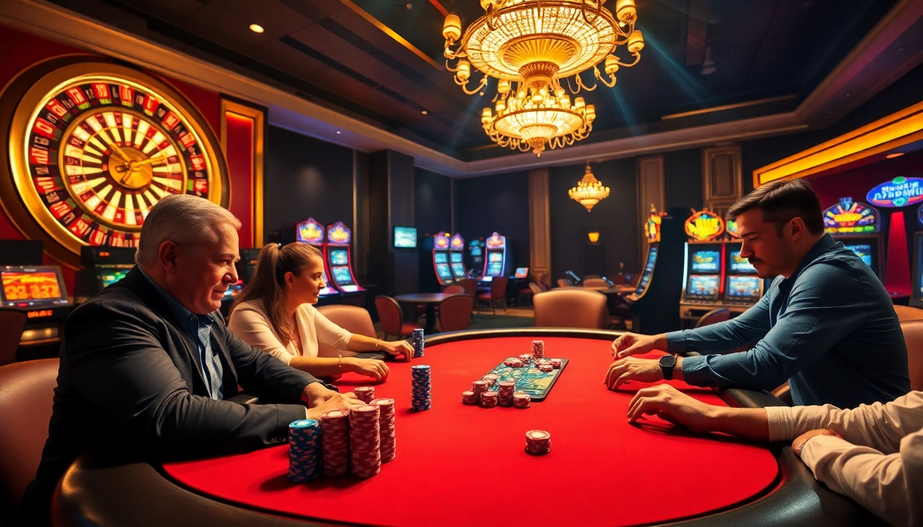 Players enjoying high-stakes poker at KKWIN's luxurious casino, showcasing excitement and strategy.