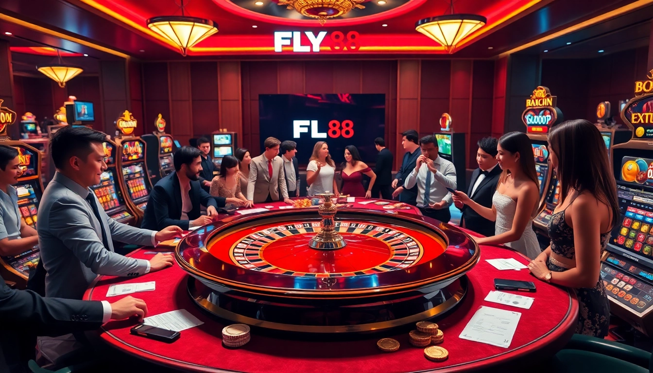 Experience the excitement of FLY 88 at a vibrant casino filled with roulette tables and colorful slot machines.
