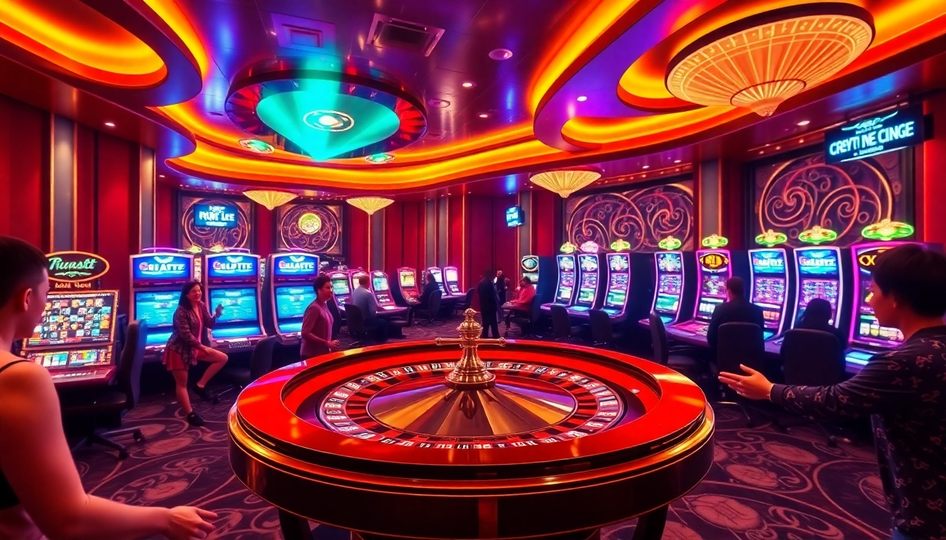 Engaging scene of players enjoying games at crypto casinos with vibrant roulette tables.