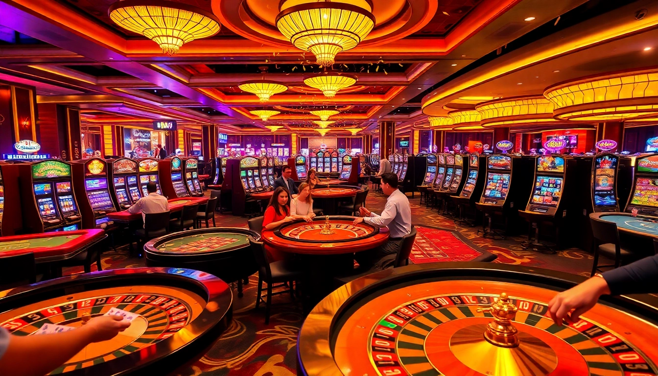 Excited gamblers engaging in diverse games at Du88 casino, showcasing luxury and vibrant energy.