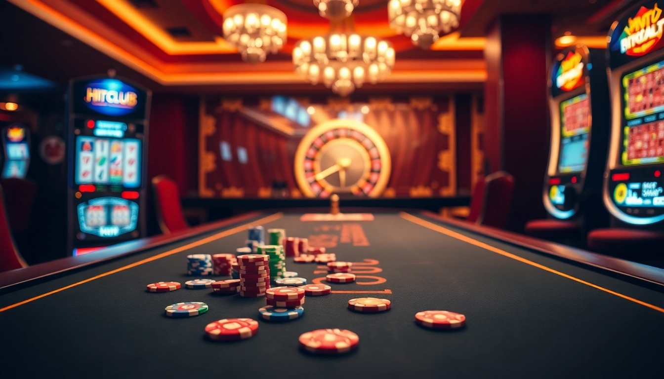 Experience the excitement of Hitclub with vibrant casino tables and winning poker chips.