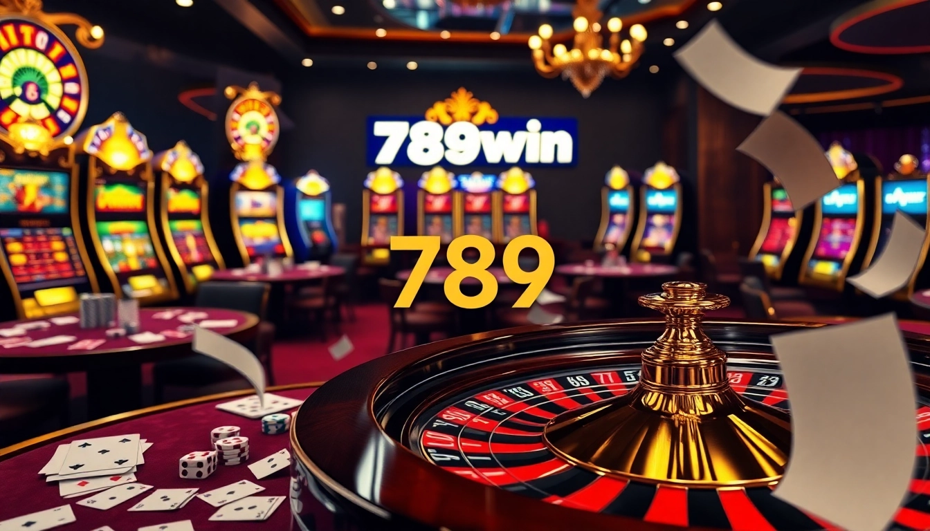 Experience the thrilling action at 789win casino with vibrant slot machines and a spinning roulette wheel.