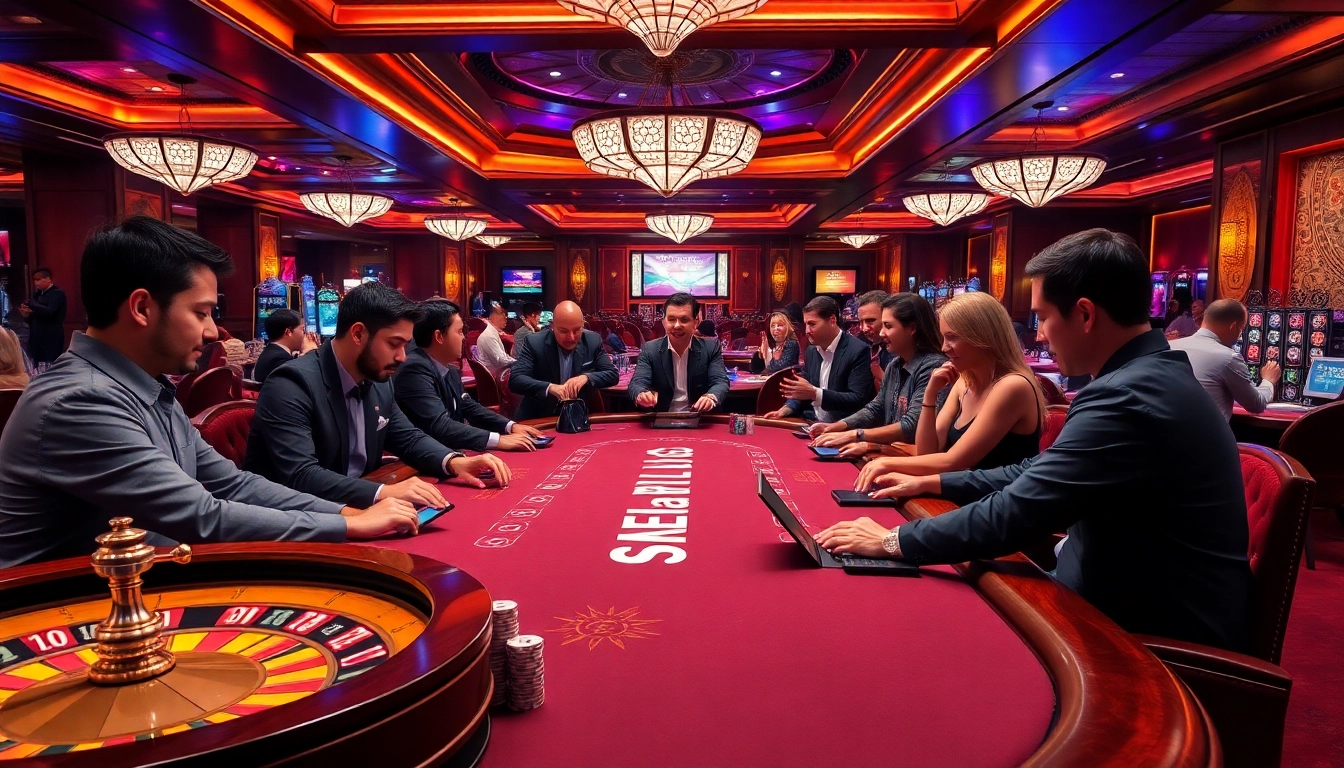 Exciting gameplay at crypto casinos with bustling poker tables and vibrant gambling elements.