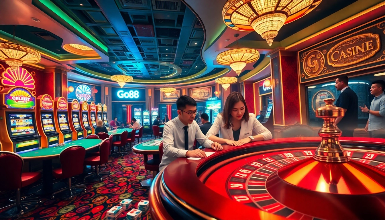 Players enjoying immersive online gambling experiences at Go88 casino with vibrant gaming tables and colorful slot machines.