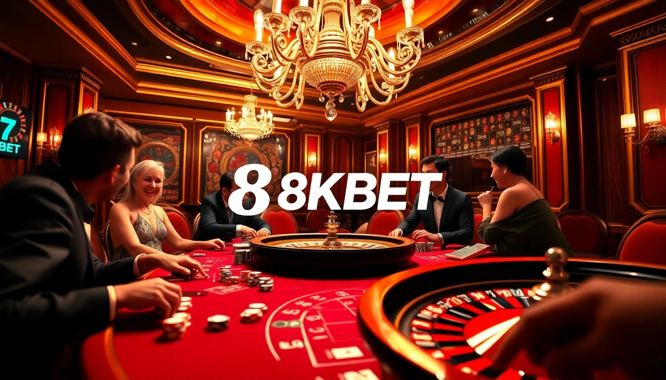 Betting excitement at 8KBET with players at a luxurious casino table full of poker chips and cards.