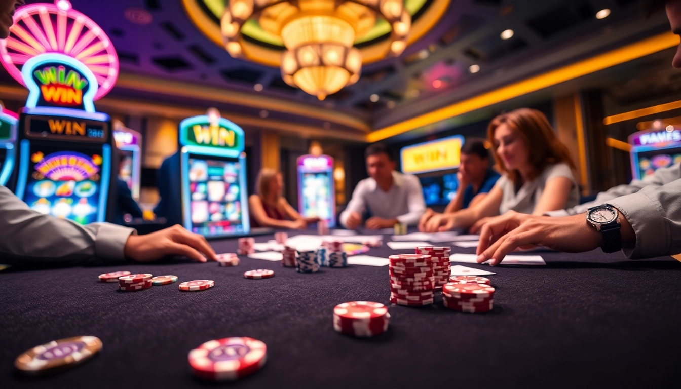 Players engaged in an exciting poker game at https://33win.free/ casino, showcasing vibrant chips and cards.