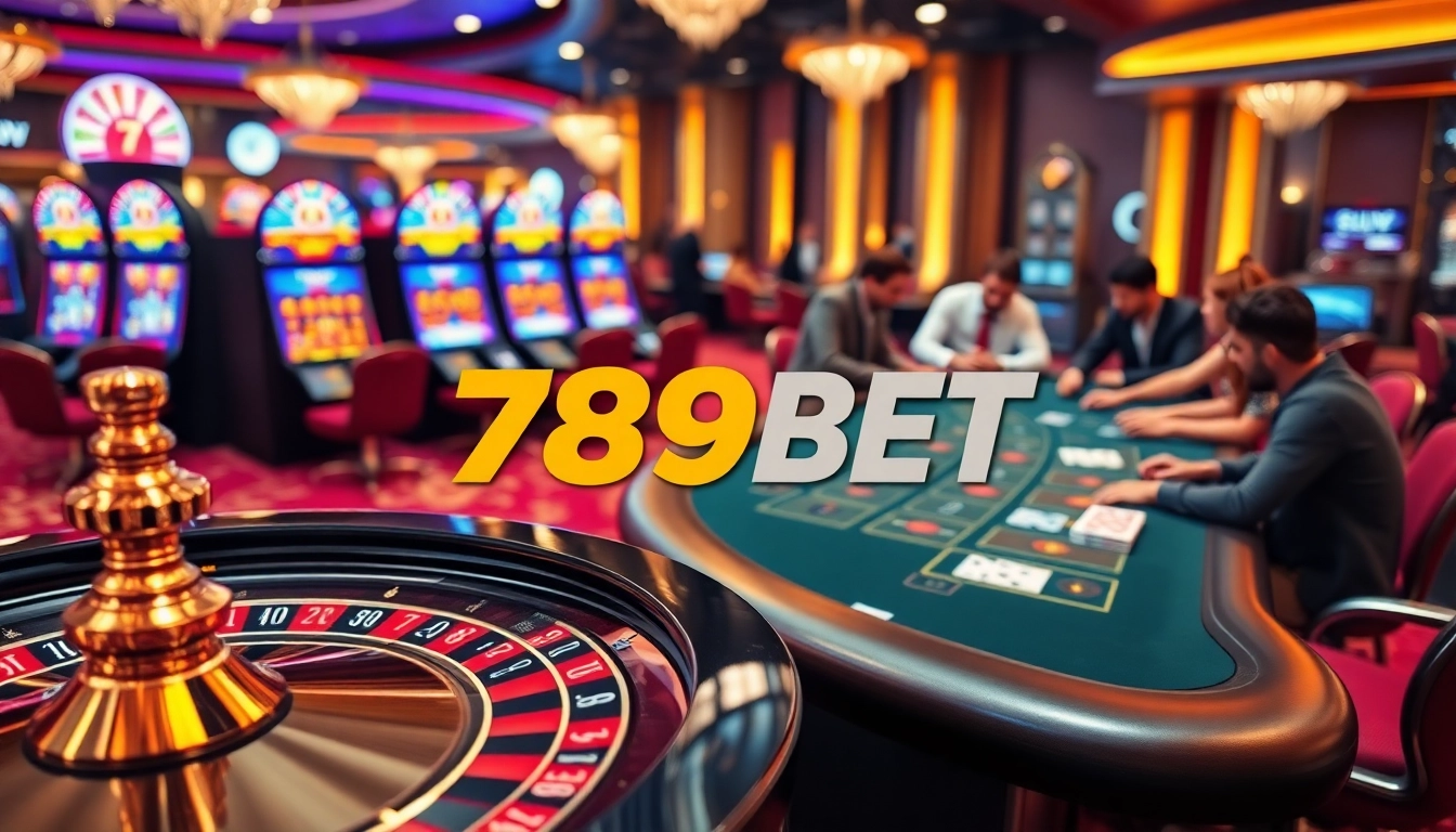 Players enjoying a high-stakes game at 789BET's luxurious casino, featuring roulette and slot machines.