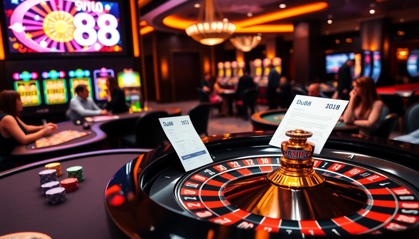 Experience thrilling gameplay at Du88's upscale online casino with roulette and poker chips.